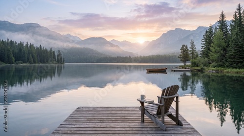 Sunrise Over Mountain Lake With Wooden Dock and Adirondack Chair Reflecting on Calm Water Background For PC