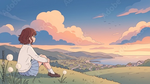 Girl Sitting at Sunset Overlooking Peaceful Coastal Landscape Illustration