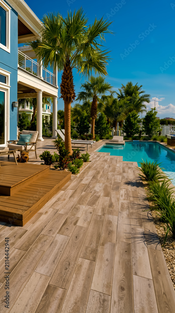 Fototapeta premium A luxurious outdoor space with a pool palm trees and a wooden deck