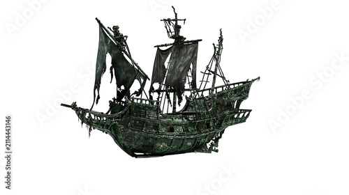 Tattered pirate galleon with dark sails and weathered hull