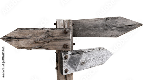 Weathered wooden directional signpost with three arrows