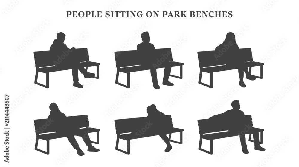 Fototapeta premium People Sitting on Park Bench Vector Silhouette Set Reading Talking on Phone Drinking Coffee Resting Stretching and Enjoying View