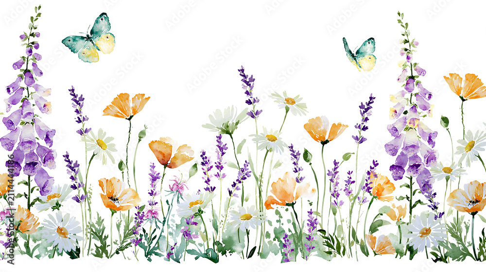 Fototapeta premium Watercolor wildflowers and butterflies border