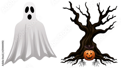 фотографія Halloween ghost and spooky tree with pumpkin and bat