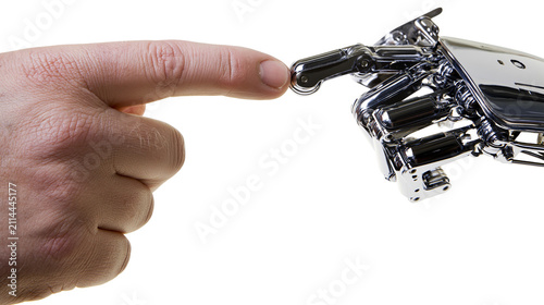 Konstfotografi Human finger touching robotic hand metal joint