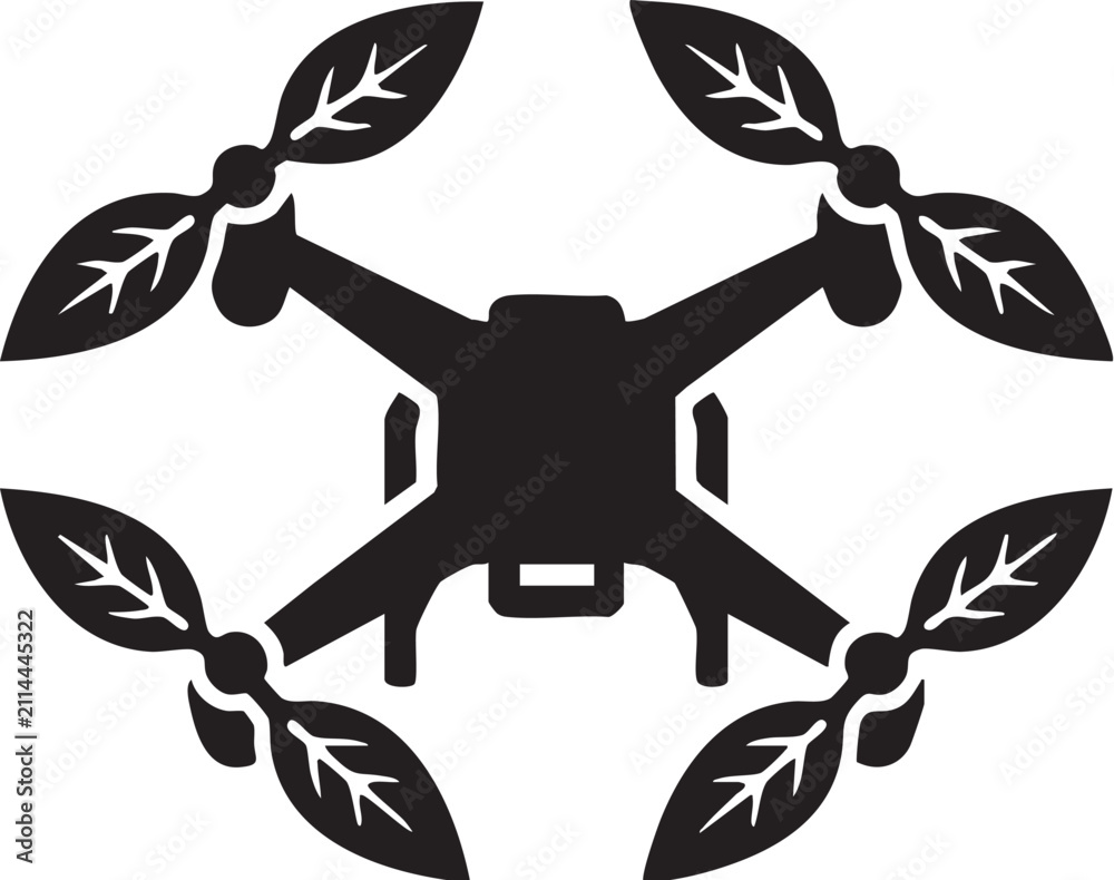 Fototapeta premium A sleek quadcopter drone encircled by stylized leaves in a balanced, futuristic, and organic-inspired composition.