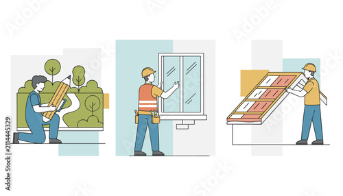 Construction and renovation scenes showing professionals landscaping a garden, installing a window, and fitting roof solar panels.