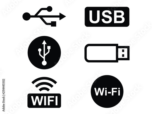Black and white icon set featuring usb port, flash drive, and wireless wi-fi internet connection symbols