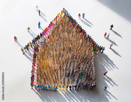 Creative Illustration of People Forming a House Shape on Neutral Background