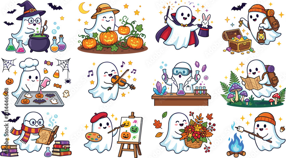 Fototapeta premium Cute Halloween Ghost Cartoon Character Vector Sticker Set with Different Professions, Hobbies, Pumpkins, and Autumn Activities for Festive Designs