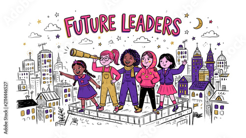 Billede på lærred Future Leaders: A group of diverse young girls stand united, gazing optimistically towards a bright future as they envision themselves as future leaders against a backdrop of a stylized cityscape