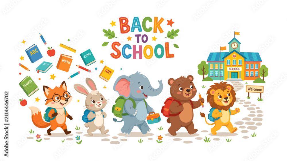 Fototapeta premium Back To School Animal Parade: A charming cartoon illustration depicts a friendly procession of assorted animals, including a fox, rabbit, elephant, bear, and lion.