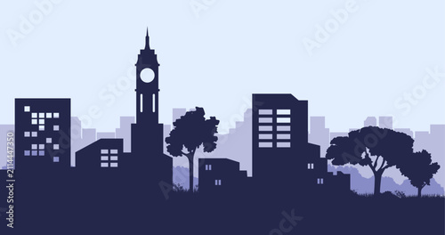 Green City Skyline Silhouette Illustration. Trees Eco Urban Landscape Vector Background. Architecture and Environmental. Seamless composition isolated on white background