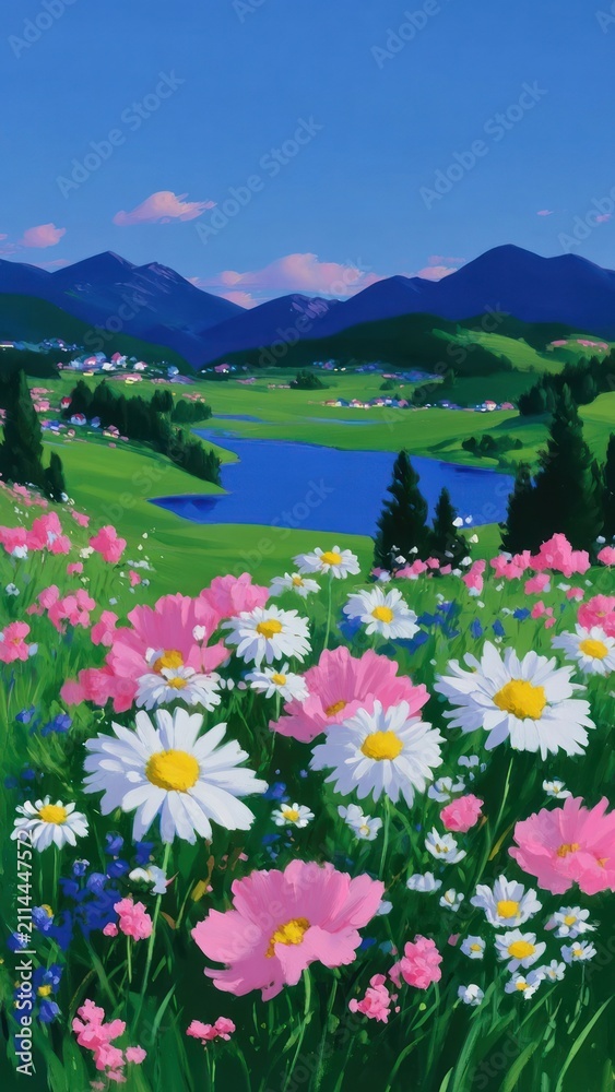 Obraz premium Vibrant floral mountain landscape mobile wallpaper