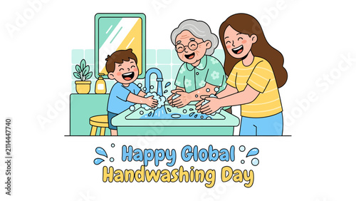 Family Hygiene Celebration: A heartwarming illustration depicts a multi-generational family joyfully washing their hands together at a sink.