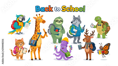 Back to School Animals: A whimsical collection of anthropomorphic animals, from a wise owl and a studious cat to a playful parrot and a tall giraffe, all dressed for school and ready to learn.