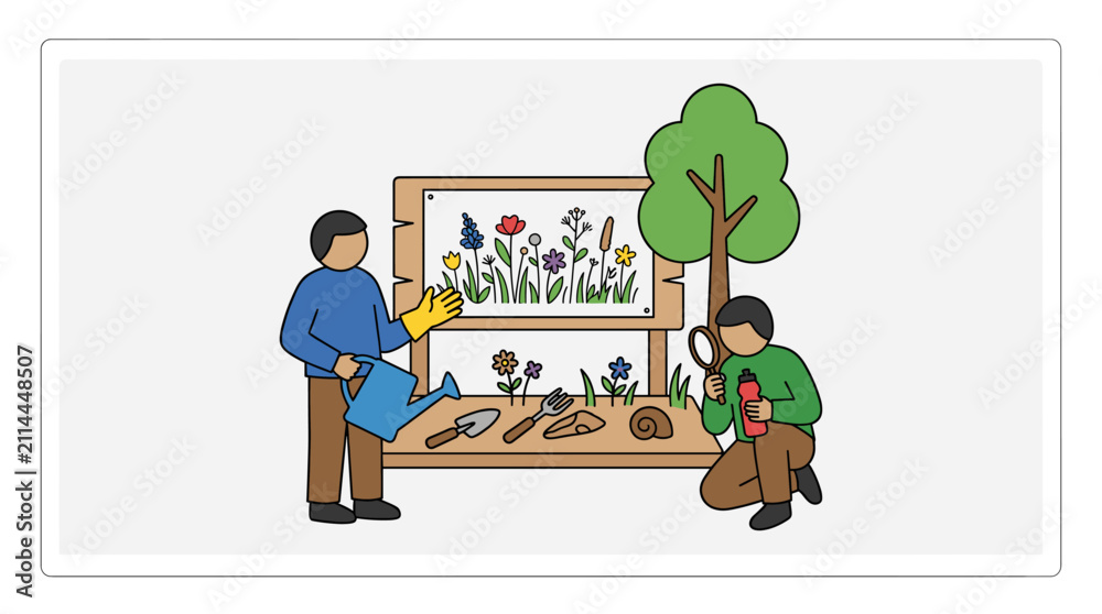 Fototapeta premium People gardening and observing nature flat design illustration