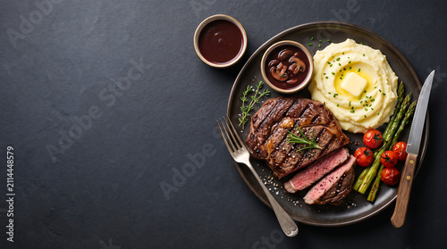 Grilled Steak With Mashed Potatoes And Asparagus Food Photography