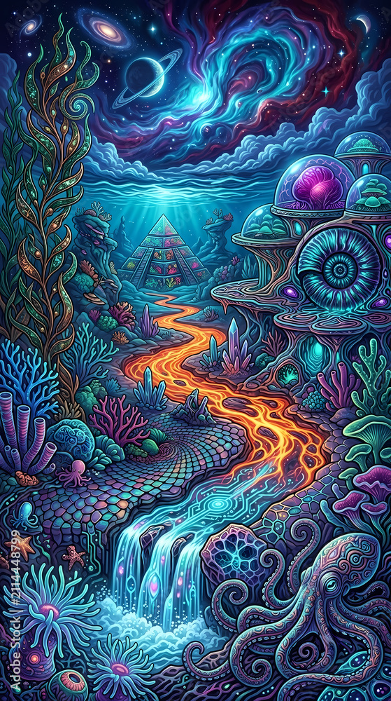 Fototapeta premium Surreal Psychedelic Underwater Alien Landscape with Cosmic Galaxy Sky and Bioluminescent Sea Life