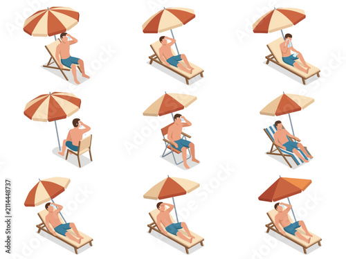 Fotografie Men relaxing on beach loungers under umbrellas during summer heat