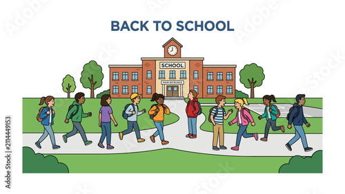 Fotografija Back to School Excitement: A cheerful group of diverse students, laden with backpacks, stride towards a classic school building, embodying the spirit of returning to education
