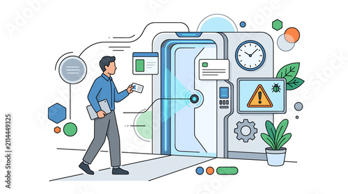 Man with ID card entering futuristic portal with warning sign