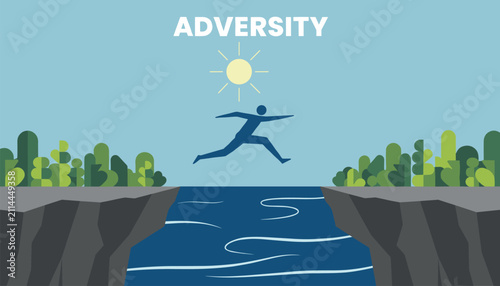 Blue human silhouette jumping across a wide gorge between cliffs to overcome adversity under a bright yellow sun.