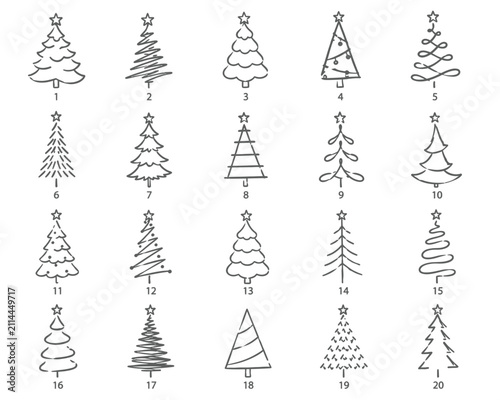 Twenty distinct of christmas trees with ornaments, snowflakes, and stars, numbered 1 to 20 holiday ornament