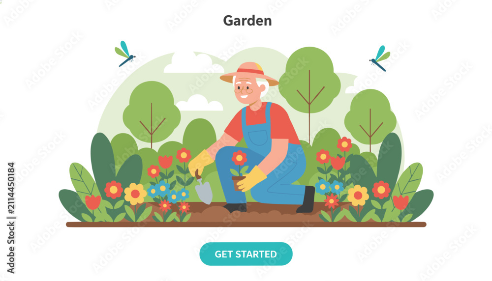 Fototapeta premium Elderly man happily gardening and planting colorful flowers in a beautiful park with trees and dragonflies flying around.