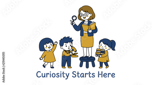 фотографія Spark of Discovery: A cheerful teacher, magnifying glass in hand, stands tall as young students, one with a microscope, another holding books, look on with eager anticipation