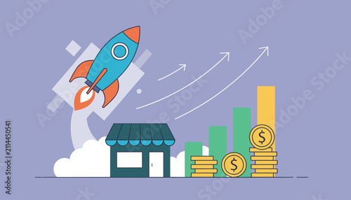 Colorful rocket launching above a store building next to rising bar charts and coin stacks, symbolizing business growth.