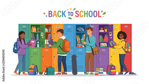 Fényképezés Back to School Excitement: Diverse students unpack their lockers filled with books, supplies, and school gear, embracing the start of a new academic year with vibrant colors and cheerful energy