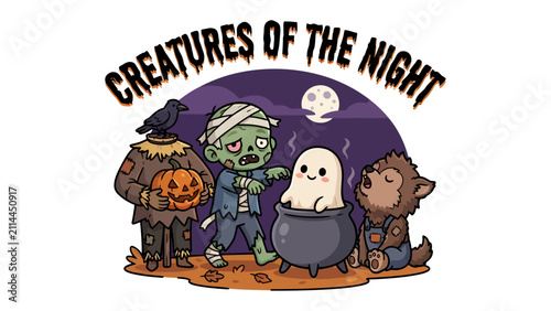 Картината върху платно Spooky Squad Greeting: A whimsical illustration featuring a lineup of classic Halloween creatures, including a scarecrow with a pumpkin, a zombie, a ghost emerging from a cauldron, and a werewolf