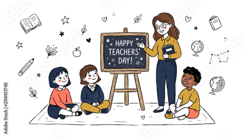 Happy Teachers' Day Celebration: A warm illustration depicting a teacher sharing knowledge with young students, surrounded by symbols of learning, celebrating the special day with joy and camaraderie.