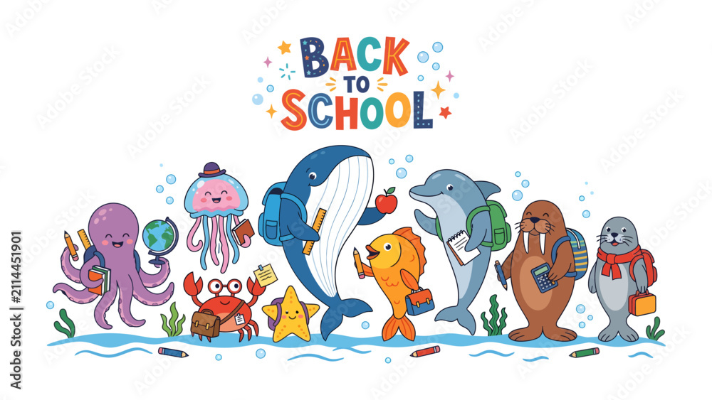 Naklejka premium Back to School Aquatic Adventure: A vibrant and whimsical illustration depicts a cast of cheerful sea creatures, including a whale, dolphin, octopus, crab, and fish.