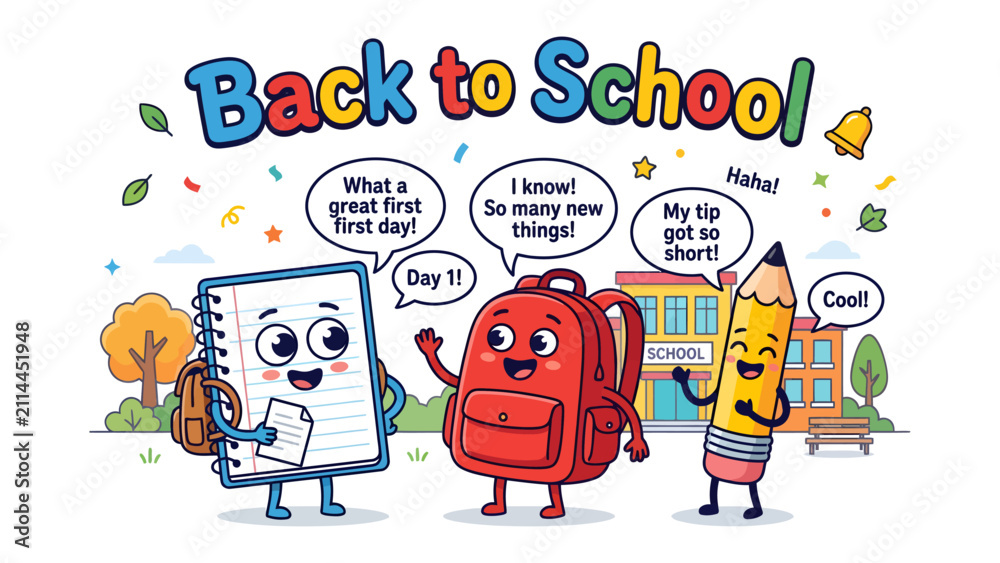 Fototapeta premium Back to School Celebration: Adorable anthropomorphic school supplies, including a notebook, backpack, and pencil.