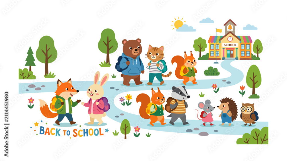 Fototapeta premium Back to School Animals: A charming group of woodland creatures, each with a backpack, walks along a path towards a school building, embracing the spirit of learning and adventure.