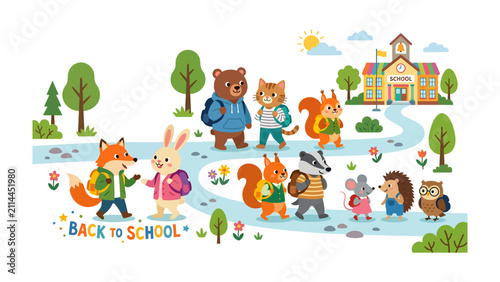 Back to School Animals: A charming group of woodland creatures, each with a backpack, walks along a path towards a school building, embracing the spirit of learning and adventure.