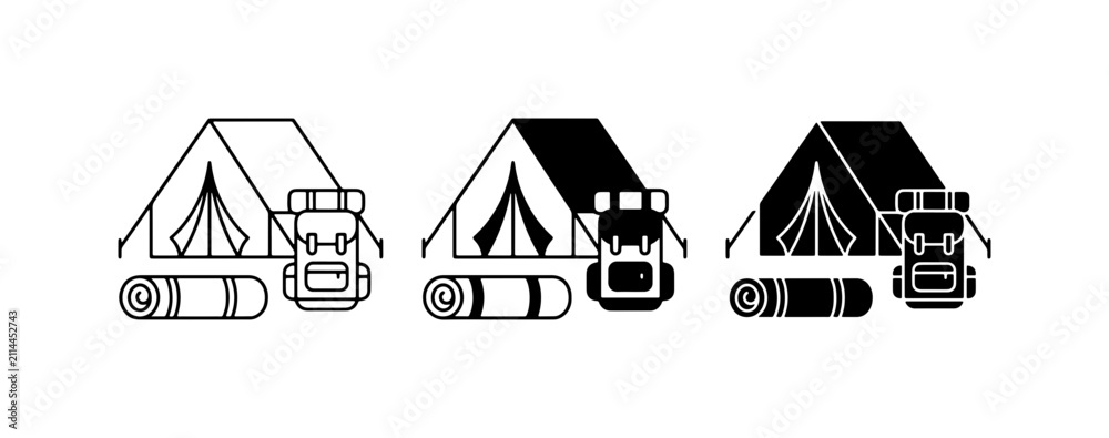 Obraz premium Camping Gear Icons: Tent, Backpack, Sleeping Bag Set, Outdoor Adventure