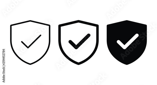 Bild auf Leinwand Shield With Checkmark Icons Black And White Line Art Set On White Background