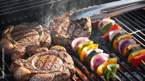 Juicy beef steaks and vegetable skewers cooking on a hot grill