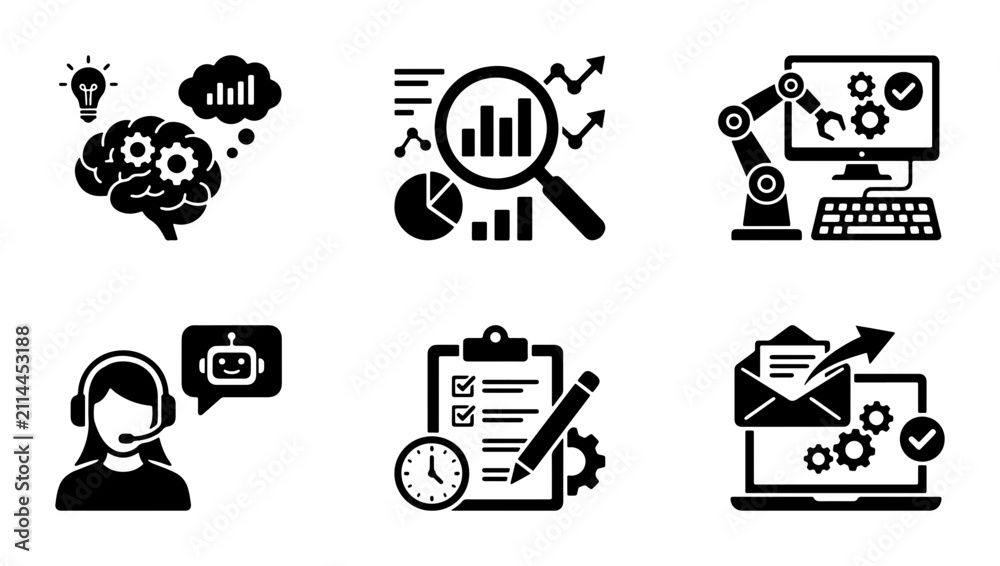 Fototapeta premium Business Analytics Icons: Brainstorming, Data Charts, Robot Arm, Support Bot, Checklist, Email Automation