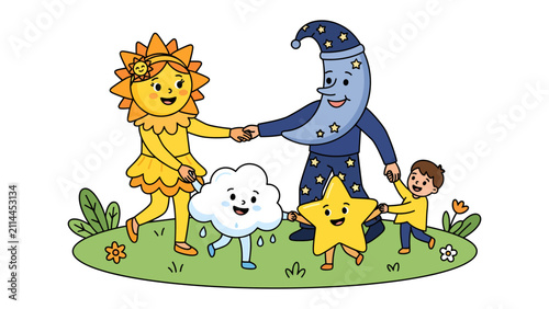 Принти на полотні Cosmic Dance of Day and Night: The sun, moon, star, cloud, and a child joyfully dance together in a whimsical scene symbolizing the harmony of celestial bodies and earthly life