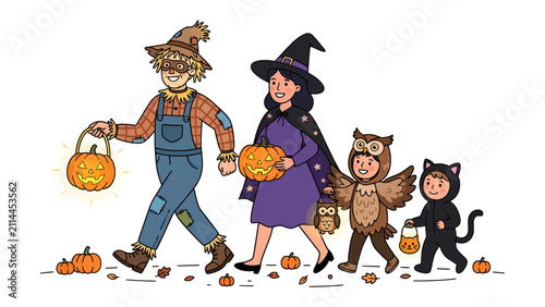 Halloween Family Parade: A family dressed in festive Halloween costumes walks along a path dotted with pumpkins and fallen leaves, carrying trick-or-treat bags filled with candy.