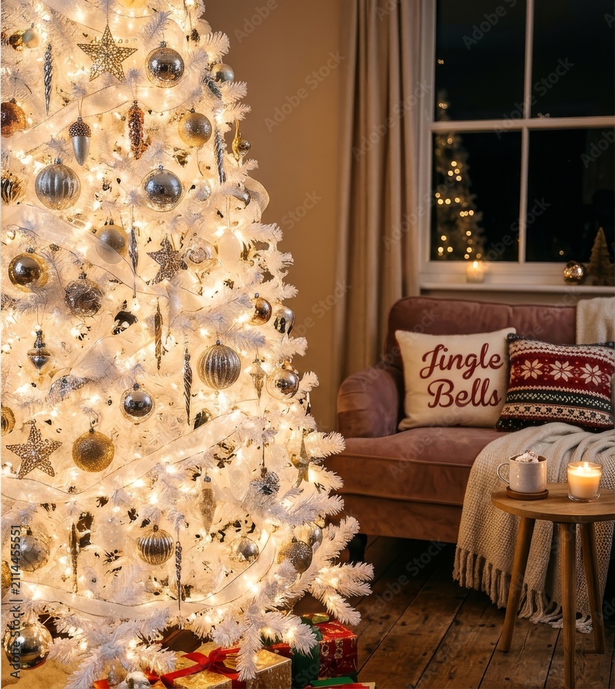 Obraz premium Christmas tree in shades of white and gold, garlands, lights and a pillow with the inscription jingle bells