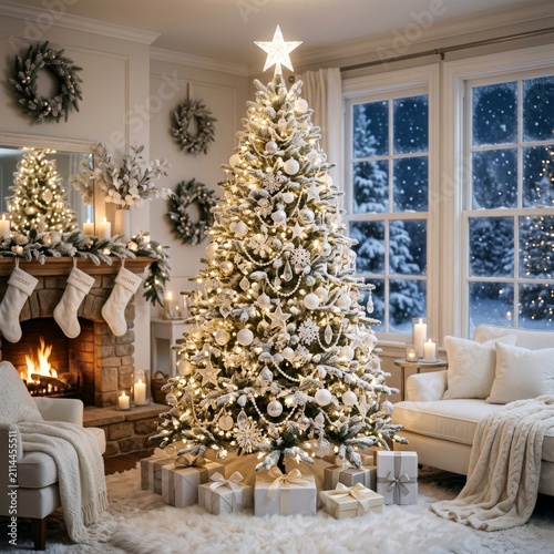 Christmas tree in shades of white and gold, a fireplace with flames, garlands and lights