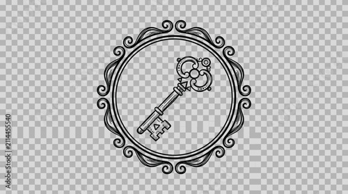 Vintage Skeleton Key Inside Ornate Circular Frame Hand Drawn Style