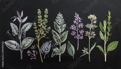 A collection of various culinary herbs and aromatic plants illustrated with chalk style on a dark black background for artistic decor.
