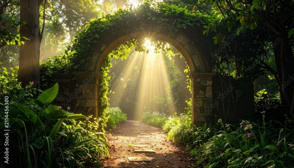 Obraz premium Enchanting stone archway covered in lush green vines with magical sunbeams shining through creating a peaceful and serene garden pathway scene.