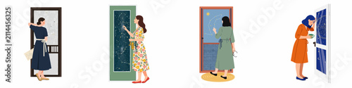 Bild auf Leinwand Illustration set of four women standing by doors that reveal magical starry night skies and constellations, symbolizing hope, dreams, and cosmic connection